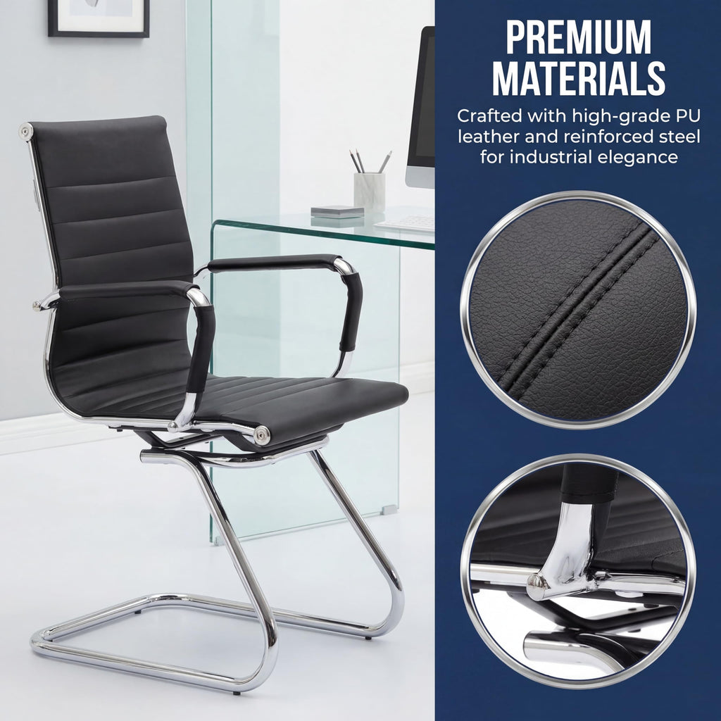 Conference Room Chairs Set of 8, Faux Leather Office Guest Chairs with Arms, Reception & Waiting Room Seating, No Wheels Meeting Chairs with Mid Back Support and Chrome Sled Base, Black