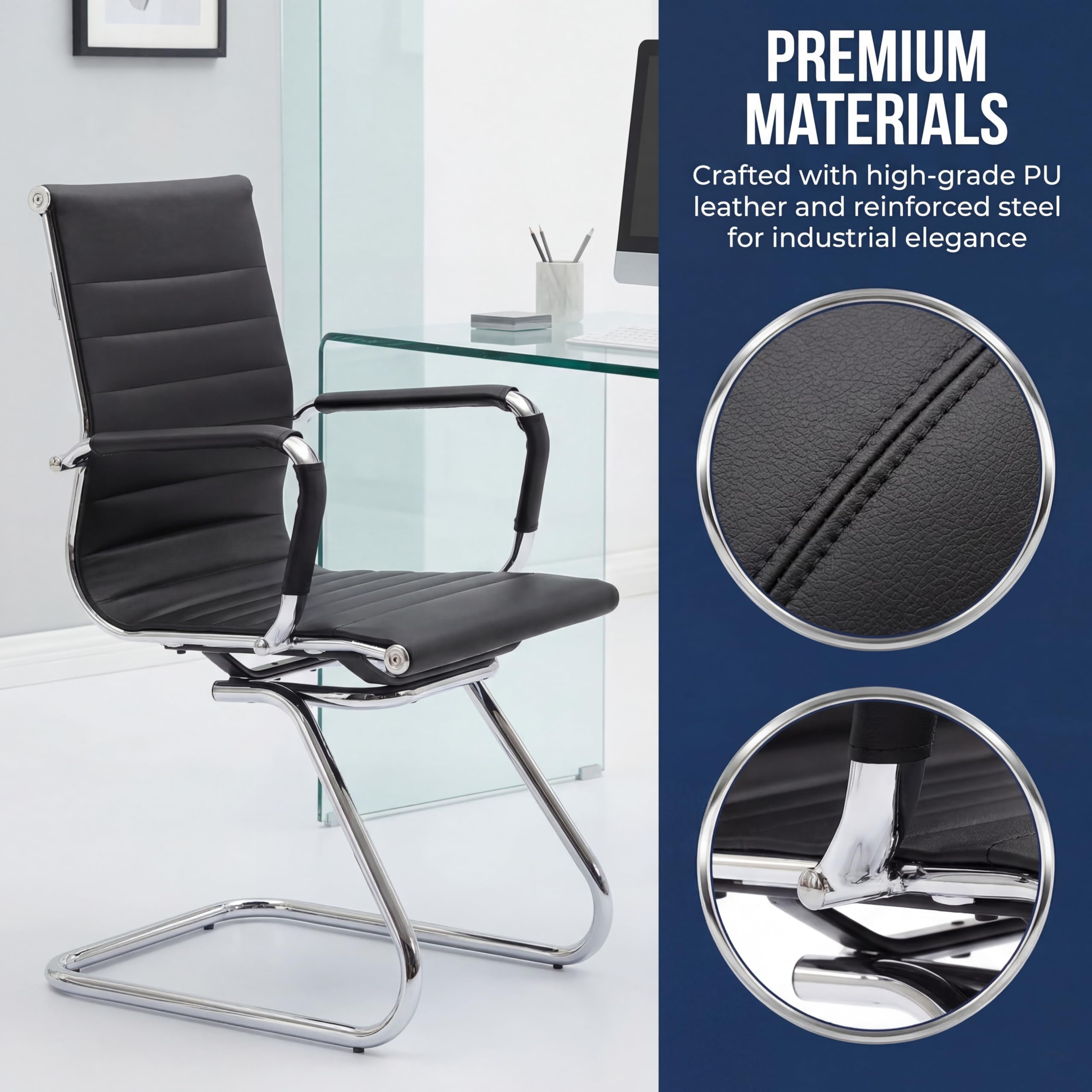 Conference Room Chairs Set of 8, Faux Leather Office Guest Chairs with Arms, Reception & Waiting Room Seating, No Wheels Meeting Chairs with Mid Back Support and Chrome Sled Base, Black