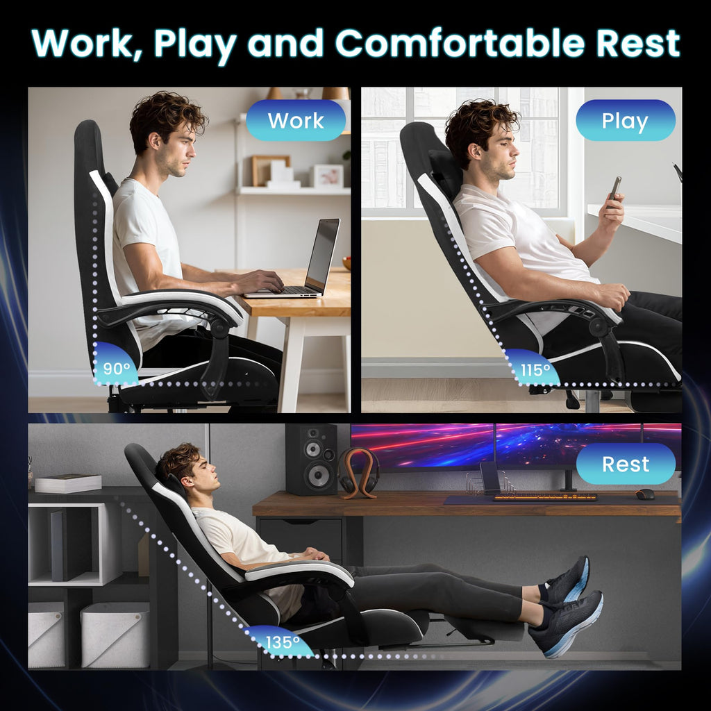 Gaming Chair with Footrest Lumbar Support for Home Office High Back Recliner Height Adjustable Ergonomic Comfy Fabric Computer Desk Chair (Black)