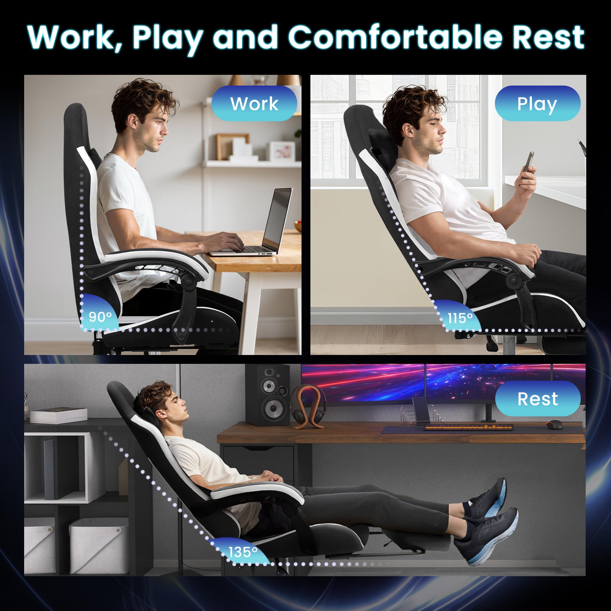 Gaming Chair with Footrest Lumbar Support for Home Office High Back Recliner Height Adjustable Ergonomic Comfy Fabric Computer Desk Chair (Black)