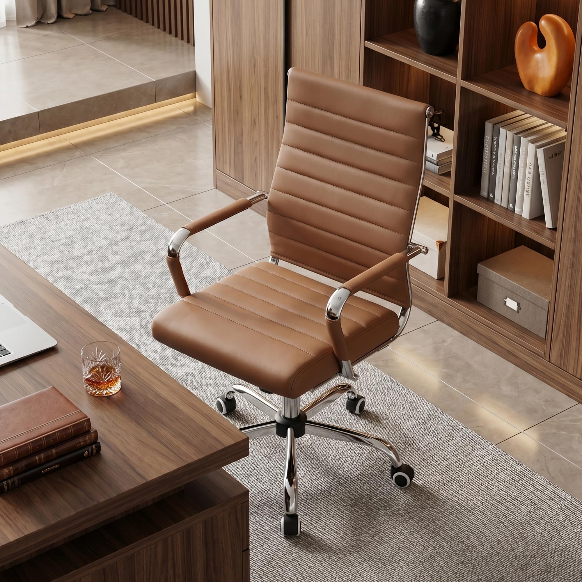 Ergonomic Office Desk Chair, Ribbed Leather Modern Conference Room Chairs, Executive Adjustable Swivel Rolling Chair for Home & Office.