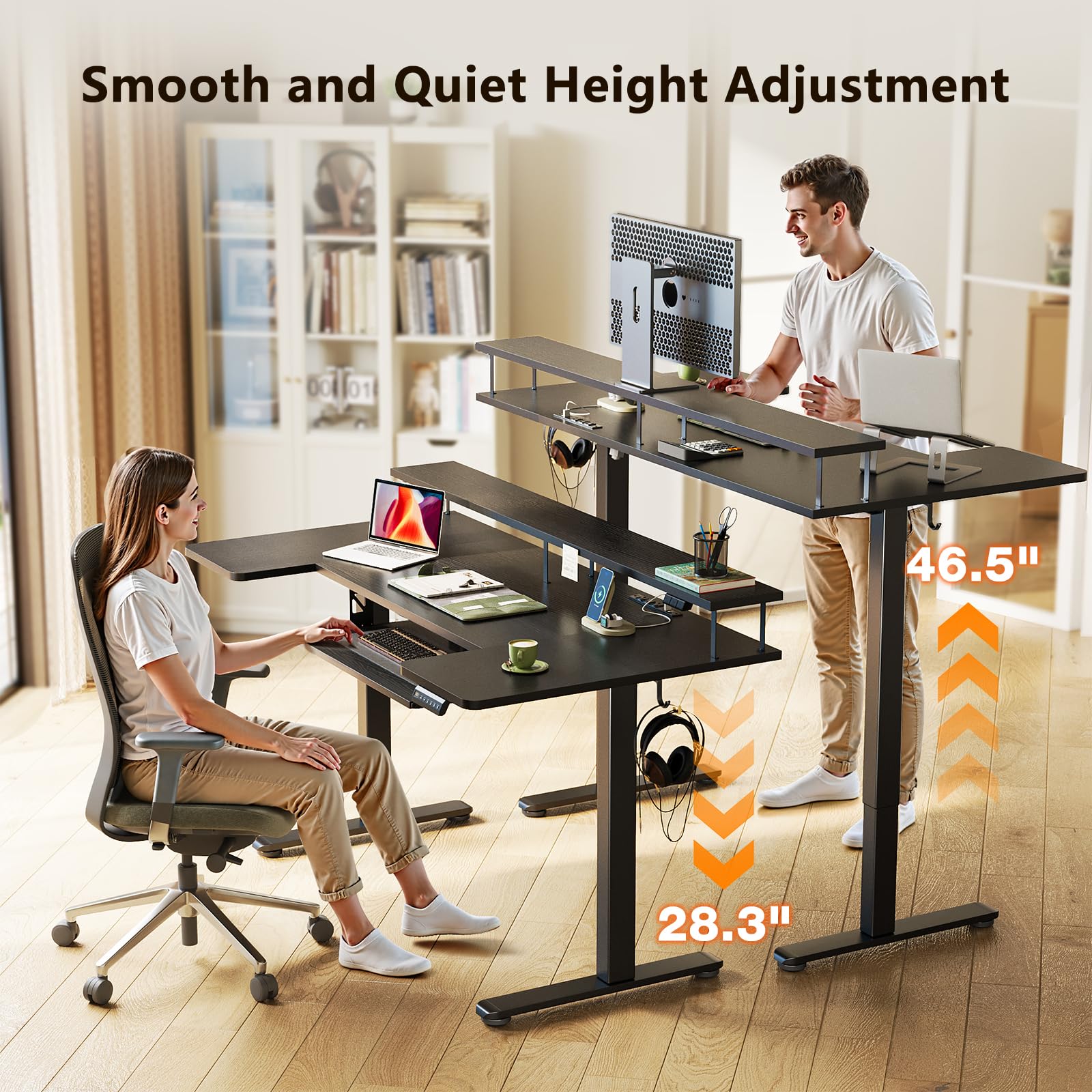 U Shaped Electric Standing Desk with Keyboard Tray, 55 Inch Height Adjustable Desk with Power Outlets & LED Lights, Sit Stand Table with Monitor Stand for Home, Office, Black