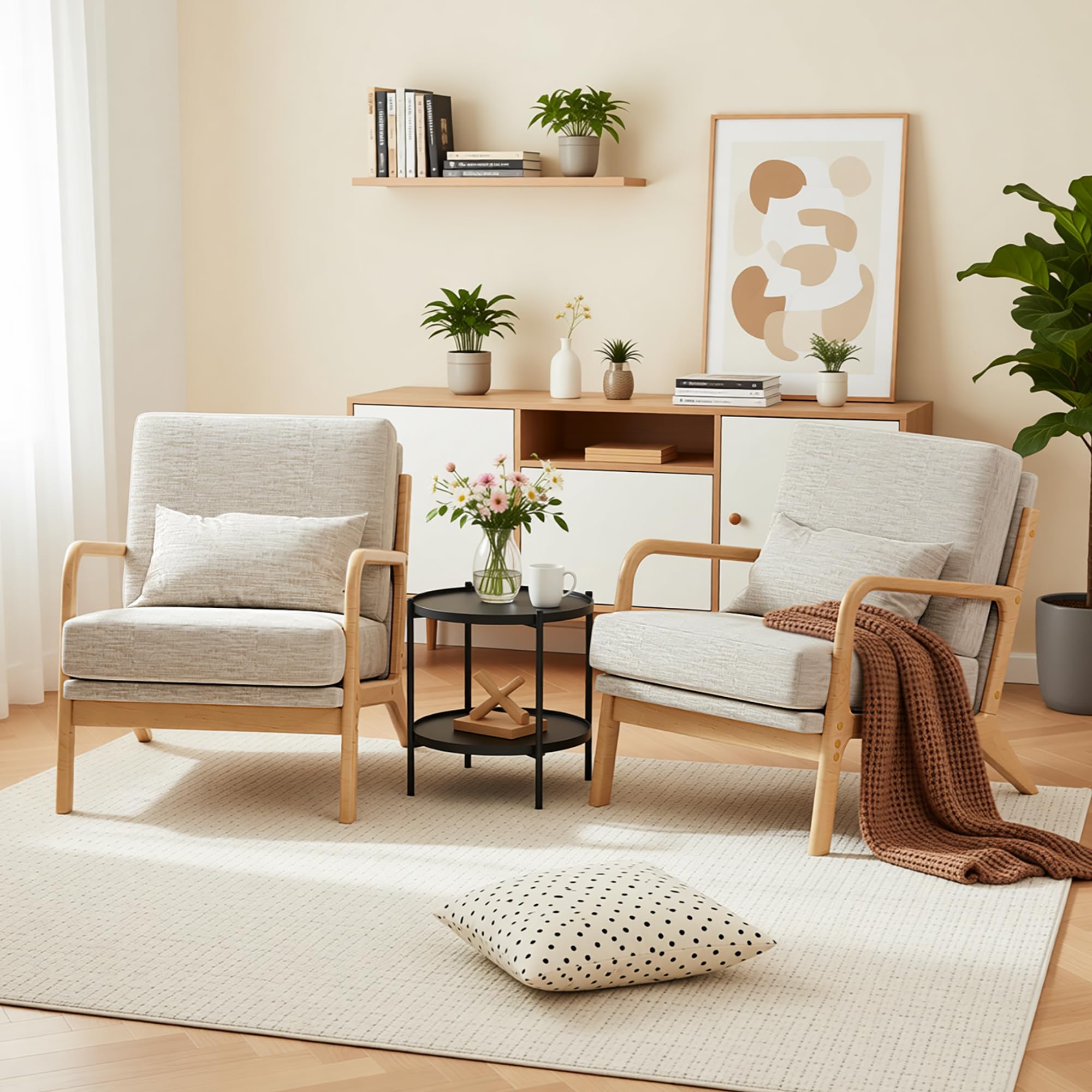 Mid-Century Modern Accent Chair, Armchair with Solid Wood Frame & Lumbar Pillow, Comfy Upholstered Lounge Chair for Office, Bedroom, Linen-Like Fabric, Light Gray