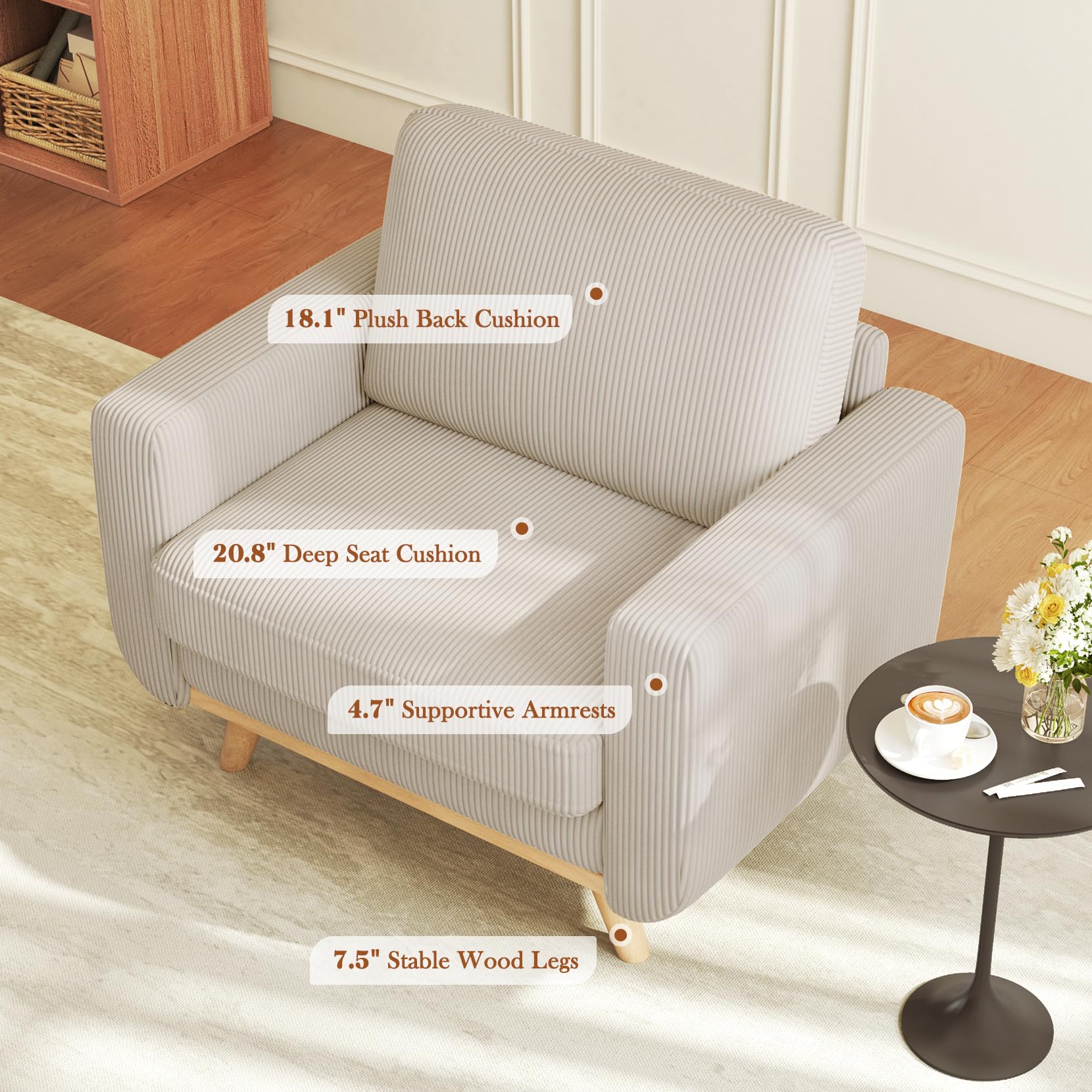 38.5" Accent Chair Light Gray, Comfy Corduroy Single Sofa Seat with Spring Cushion, Upholstered Armchair with Deep Seat, Reading Chair for Adults, Modern Sofa for Living Room, Bedroom