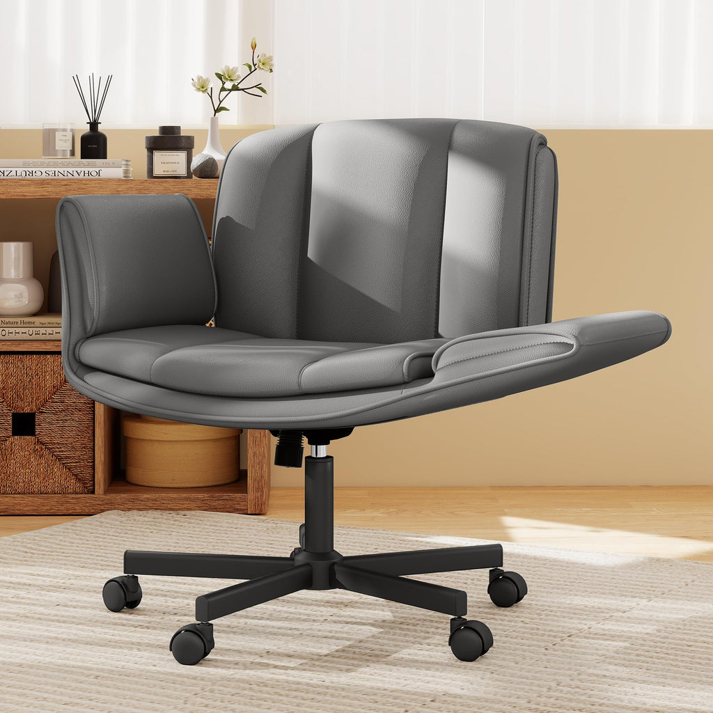 Criss Cross Chair with Wheels & Armrests,Comfy Wide Vanity Chair,Scratch-Resistant Pu Leather Cross Legged Desk Chair,Height Adjustable Computer Office Desk Chairs for Home,Makeup,Bedroom