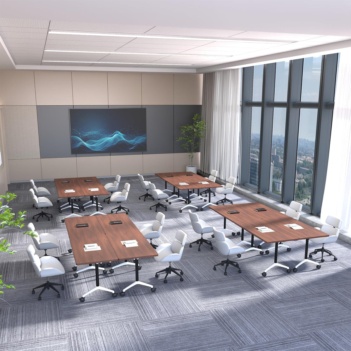 Folding Conference Table with Wheels, Flip-Top, 47.2in, 6 Pack, Walnut 1915