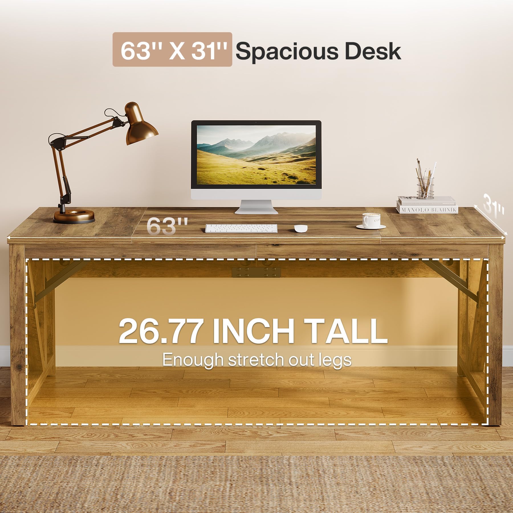 63" Executive Computer Desk and lateral File Cabinet, 2 Piece Home Office Furniture with Drawers for Hanging, Door (Rustic Brown, 63 inches)
