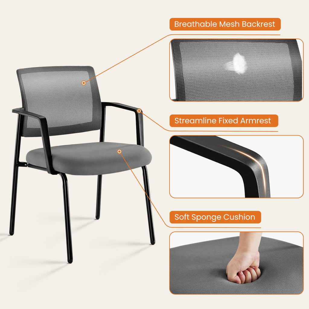 2 Pack Grey, Mesh Back Stacking Arm Chairs, Upholstered Fabric Stacking Chairs, Sturdy Metal Office Chairs, Easy to Use and Store, Outdoor and Indoor, for Home, School, Party, Church