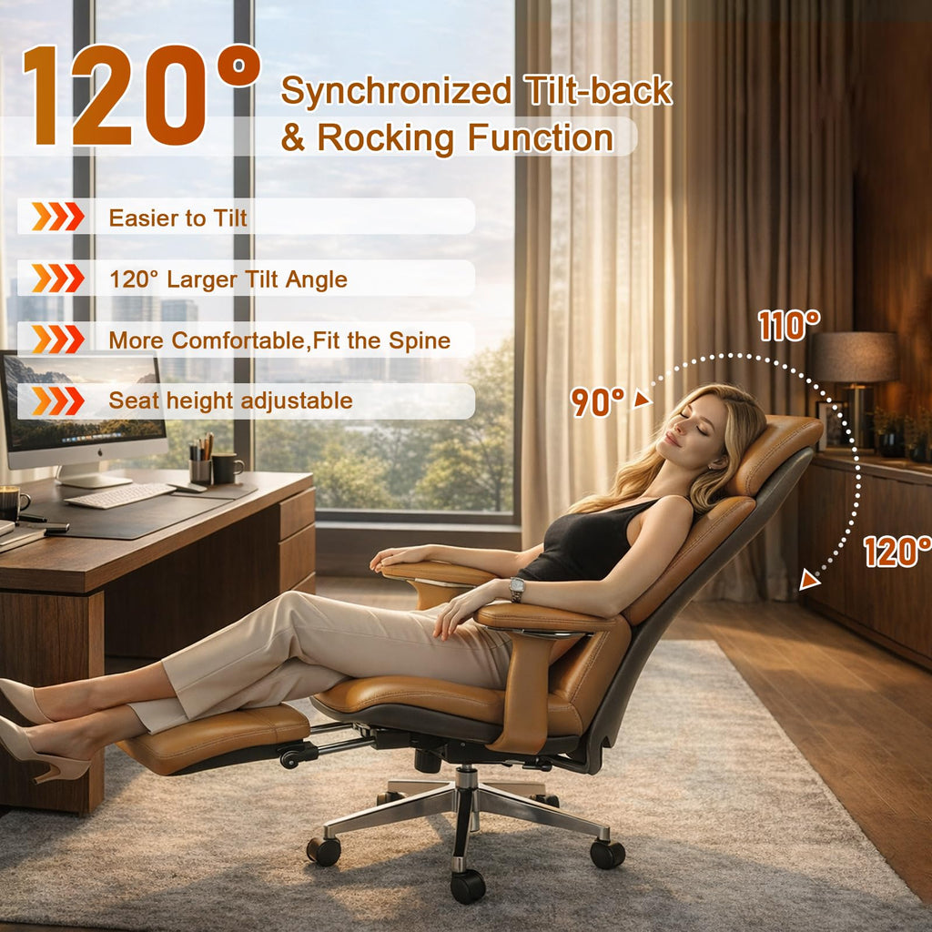 Genuine Leather Office Chair with Flexible Footrest, High Back Executive Office Chair with Lumbar Support, Adjustable Tilt Mechanism, Weight Capacity 400 lbs (Brown)