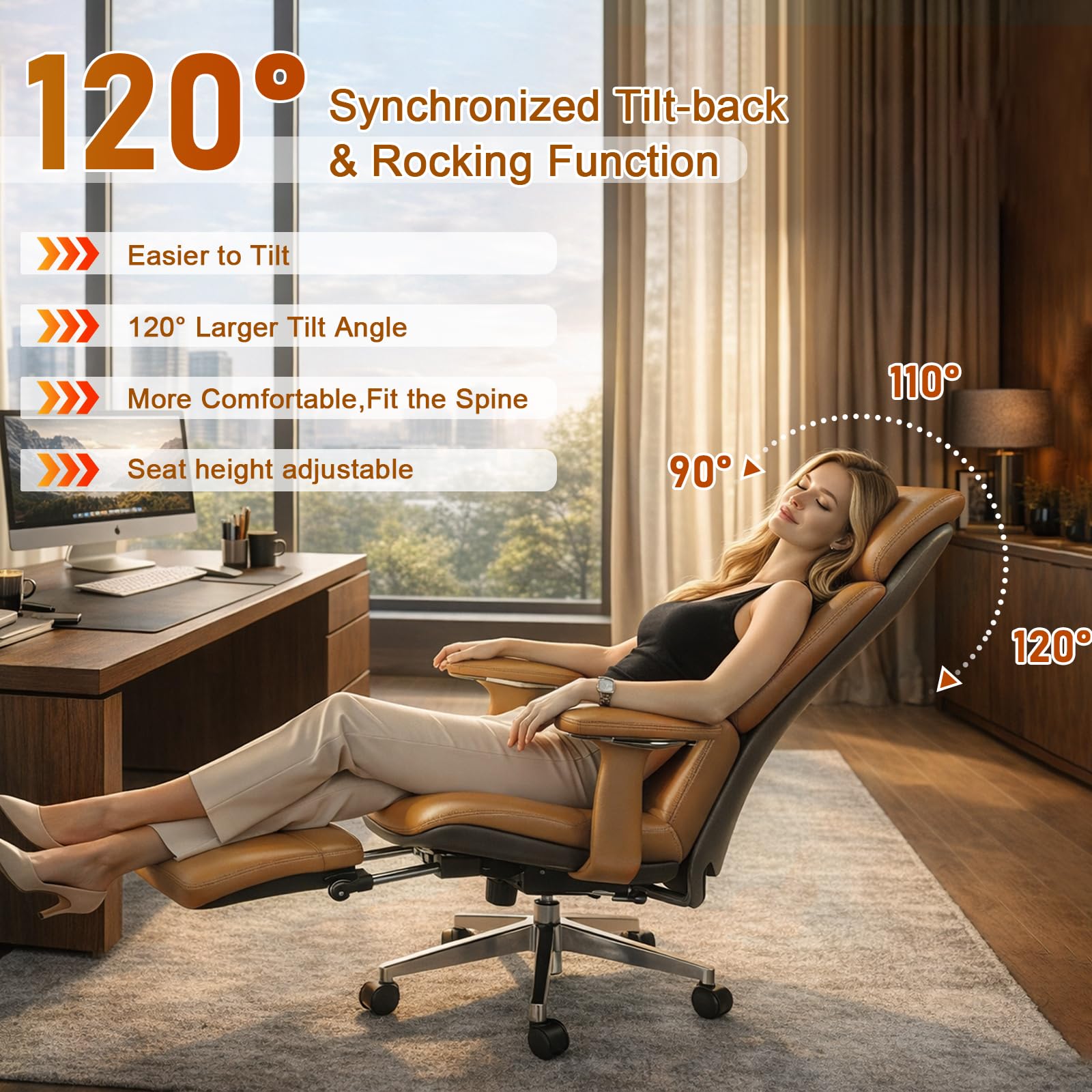 Genuine Leather Office Chair with Flexible Footrest, High Back Executive Office Chair with Lumbar Support, Adjustable Tilt Mechanism, Weight Capacity 400 lbs (Brown)