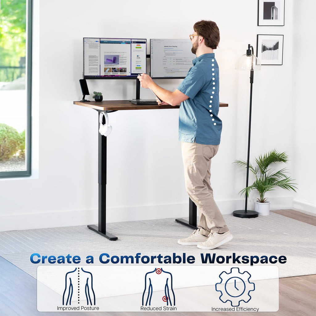 Electric 48 x 30 in Rustic Standing Desk, Memory Height Adjustment, 1B Series, Holds 220 lbs, One-Piece Vintage Brown Top, Black Frame