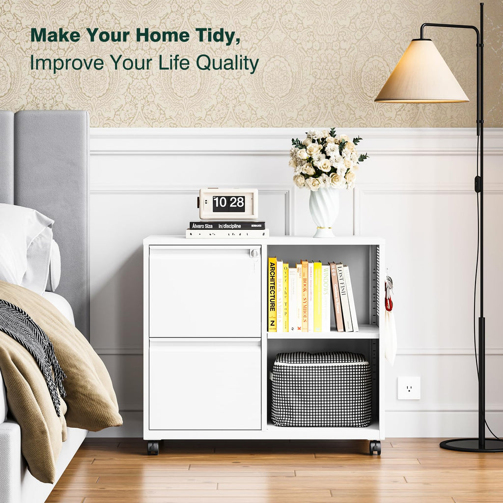 Metal 2 Drawer File Cabinet with Side Hook, Lockable Lateral Filing Cabinet for Letter/A4/Legal Size Files,Rolling Printer Stand with Adjustable Shelf & Lockable Wheelss for Home Office(White)