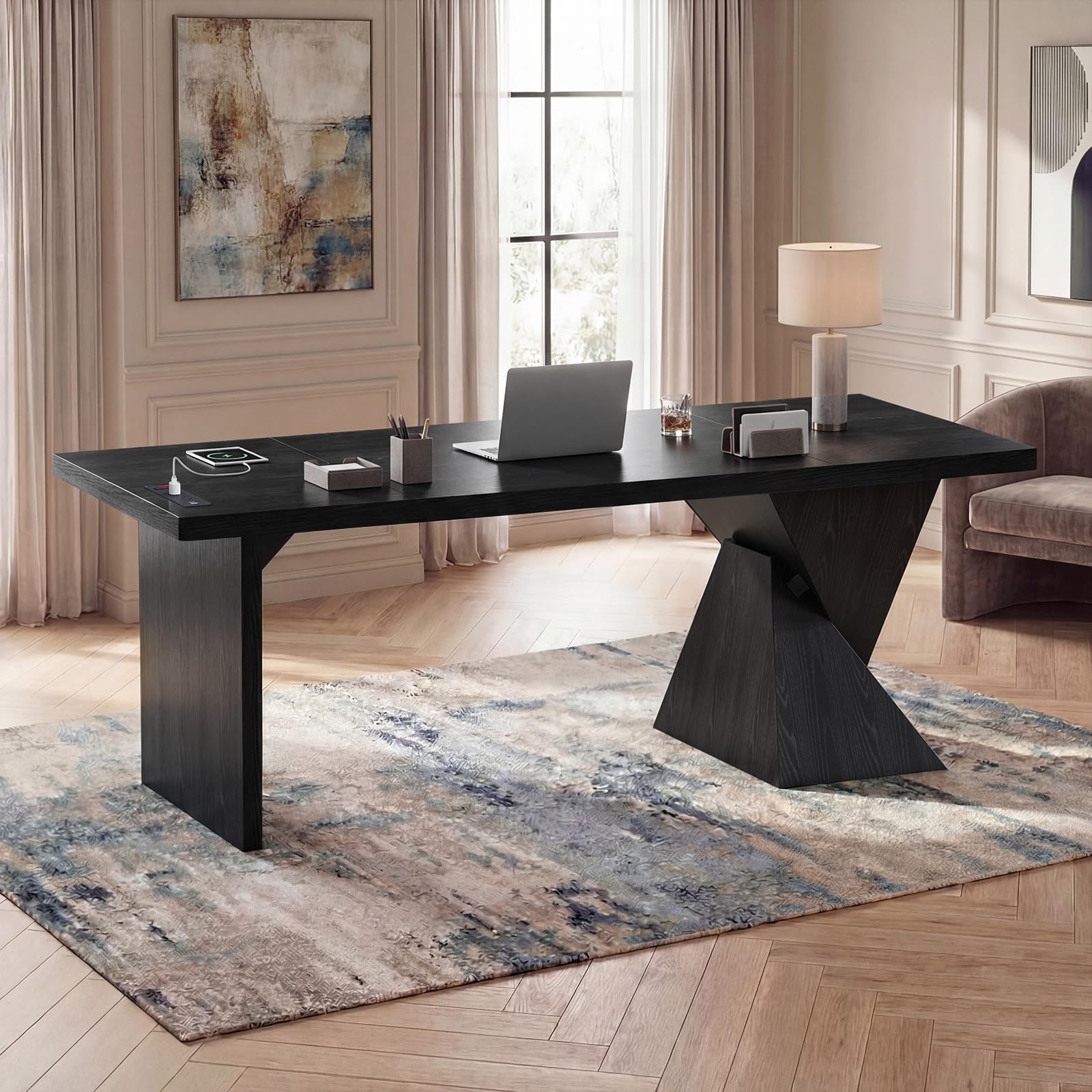 70.9 Inch Executive Desk with Power Outlet, Large Home Office Desk, Modern Aesthetic Computer Writing Table Workstation Business Furniture,Black