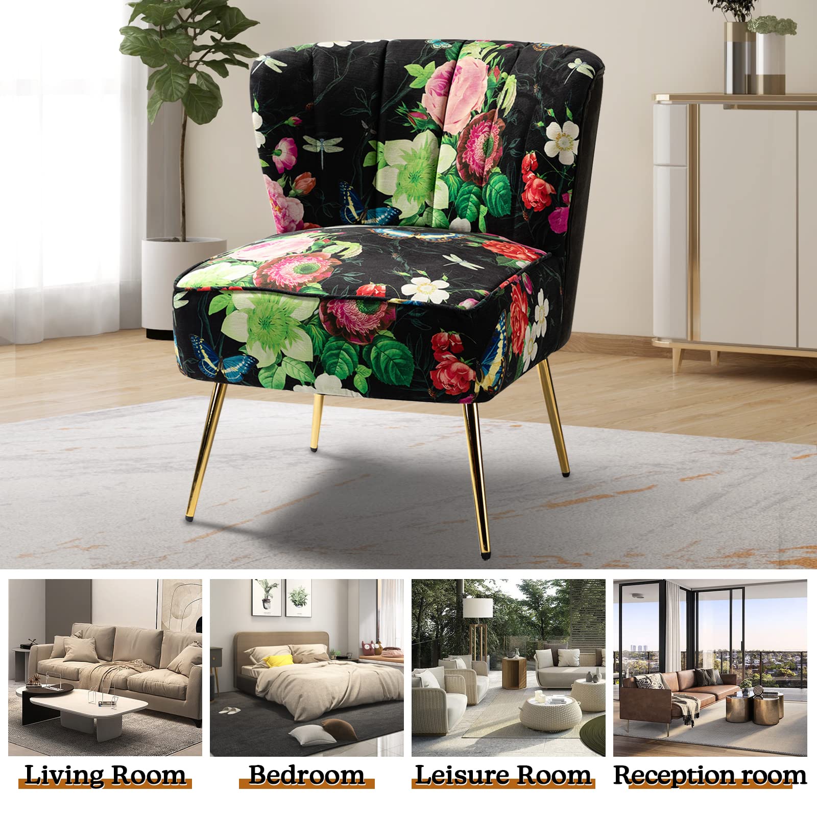 Armless Accent Chair with Gold Metal Legs, Comfy Tufted Floral Fabric Living Room Chair Wingback Small Side Chair, Upholstered Slipper Chair for Bedroom, Reading Room (Print Flower, BLACK)
