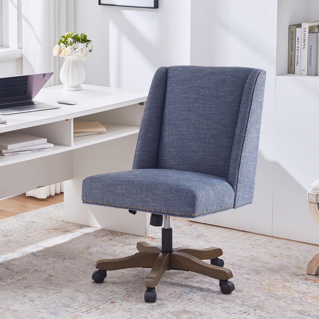 Armless Office Chair with Wooden Legs, Modern Adjustable Upholstered Office Desk Chair No Arms Computer Chair Swivel Chair for Home Office Study Studio (Blue)