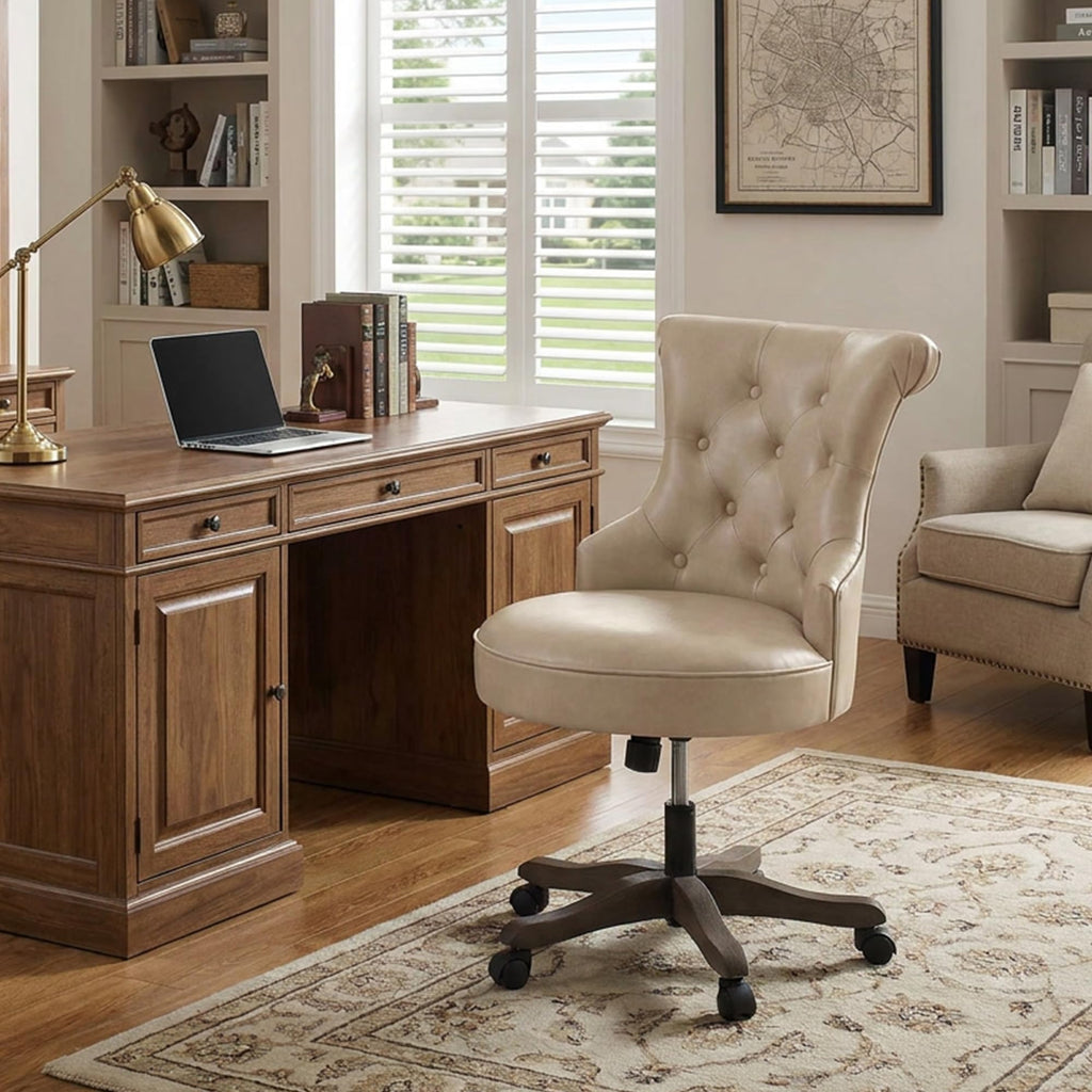 Home Office Chair Upholstered PU Leather Armless Desk Chair with Wheels Adjustable Height Computer Desk Chair with Wooden Legs Comfortable Swivel Chair for Home Office Study Studio (Light Taupe)