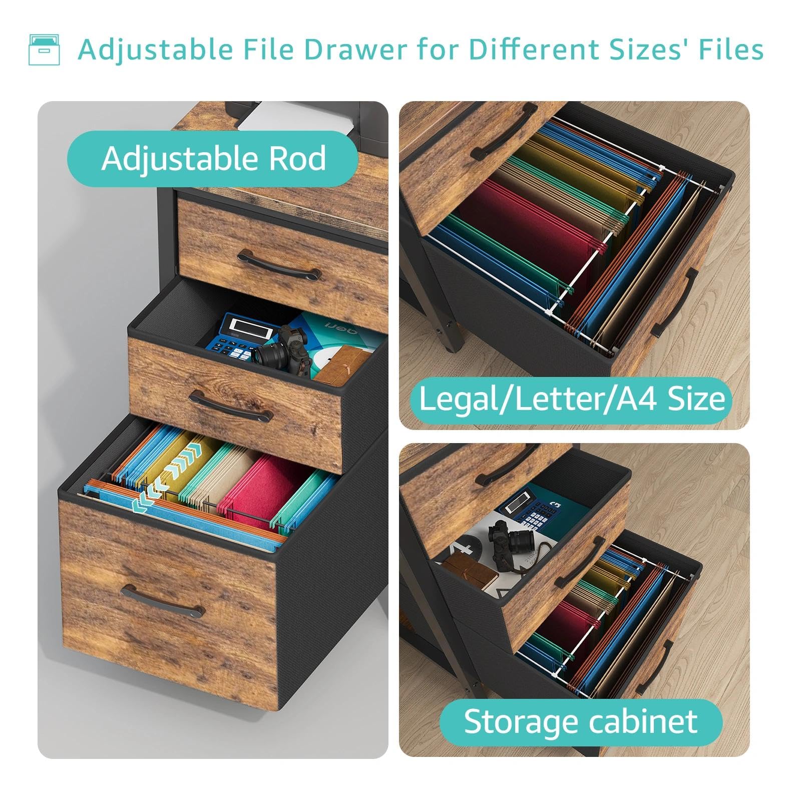 Computer Desk with File Drawers Cabinet, 47 Inch Reversible Home Office Desks with Fabric Filing Cabinet for Small Space, Study Writing Table PC Desks, Rustic Brown