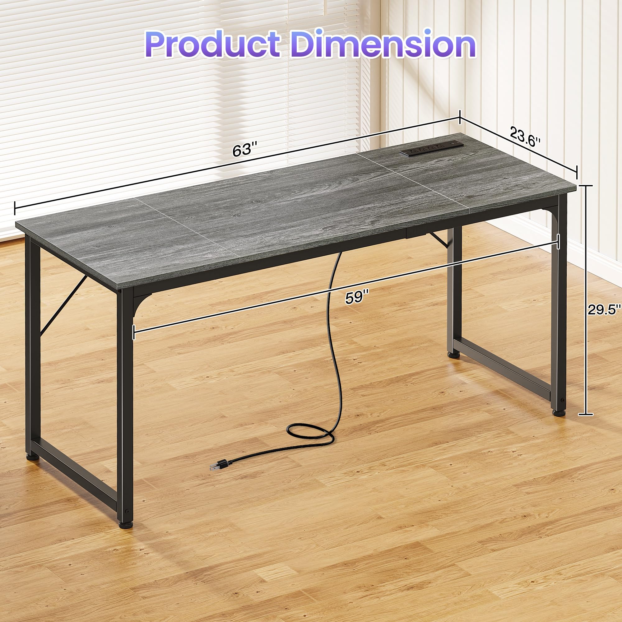 63 X 24 Inch Office Computer Desk with Power Outlets and USB-C Port, Larger and Longer Gaming Desk, for Home Office, Study, Writing Work from Home Table, Metal Frame, Grey