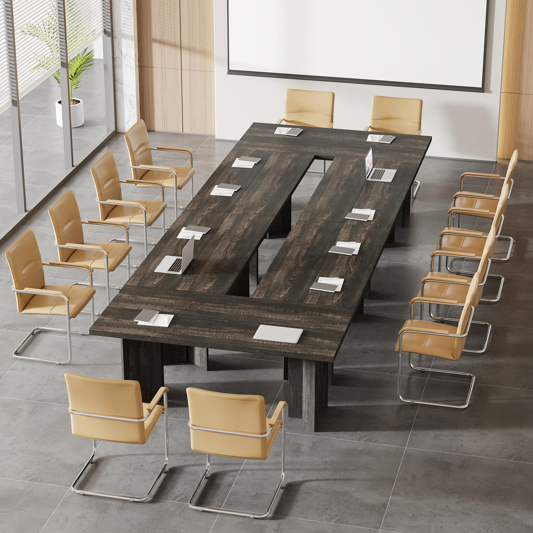 5.5FT Conference Table, 63-inch Rectangle Meeting Seminar Table, Large Wooden Business Tables for 4-6 People, Heavy Duty Pedestal (Dark Gray)