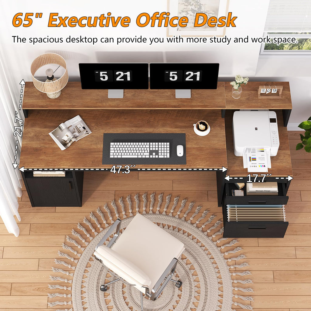 Computer Desk with 3 Drawers & Storage Shelves, 65 Inch Home Office Desk with File Drawer & Cabinet, Writing Study Desks with Monitor Stand & Printer Shelf, Executive Desk, Brown and Black