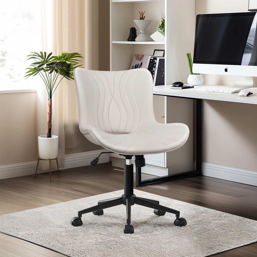 Armless Office Chair, Height Adjustable Desk Chair with Wheels, Ergonomic Comfy 360° Swivel Home Office Computer Task Chair, Faux Leather Padded Cute Vanity Chair, White