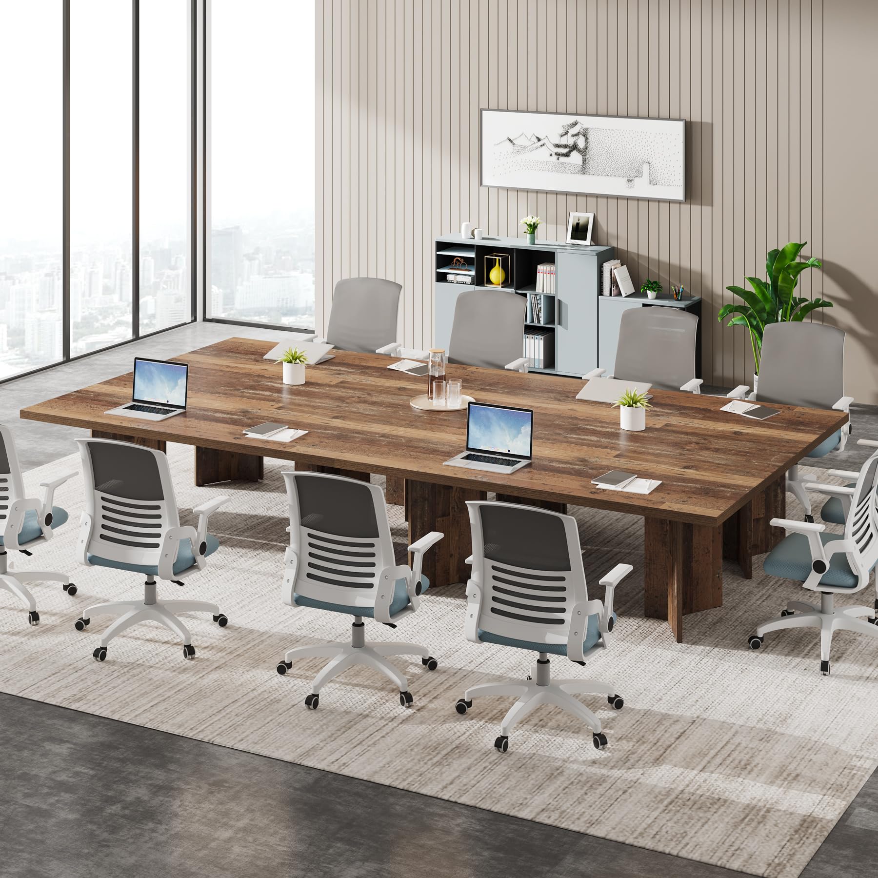 10.5FT Conference Table, Large Rectangle Meeting Seminar Table for 10-12 Person, Long Wooden Business Tables (Set of 6, Distressed Brown)