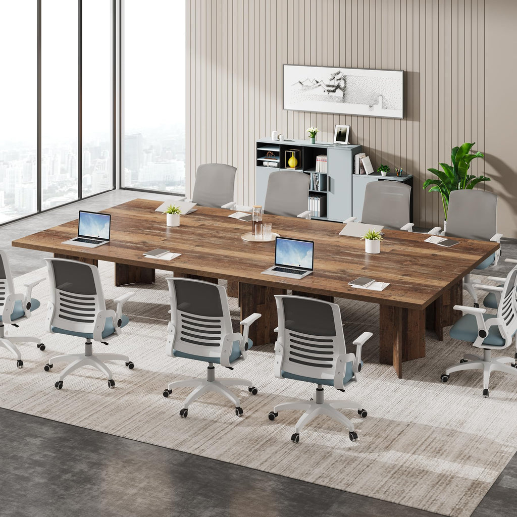 10.5FT Conference Table, Large Rectangle Meeting Seminar Table for 10-12 Person, Long Wooden Business Tables (Set of 2, Distressed Brown)