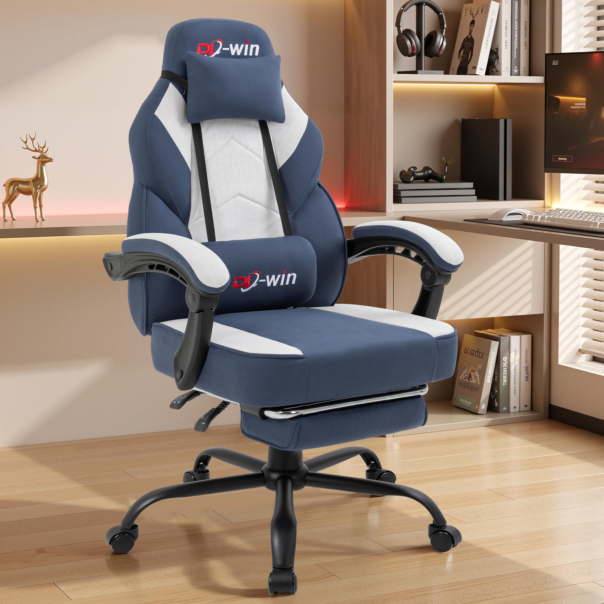 Video Gaming Chair for Adults, Computer Chair with Footrest and Ergonomic High Back, Big and Tall Gamer Chair with Massage Lumbar Support (Light Blue Fabric)