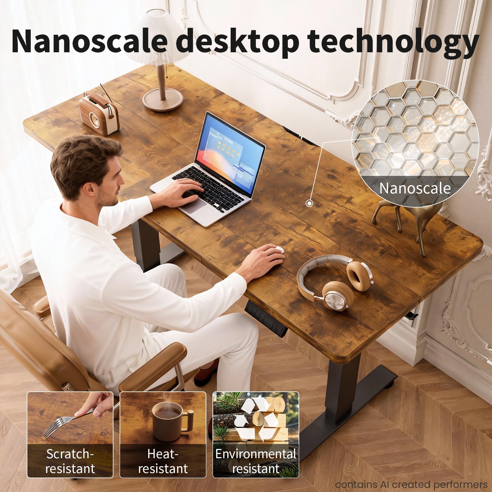 55 Inch Large Electric Standing Desk, Heights Adjustable, Sit to Stand Up, Work Home Office Computer Table for Study, Walking Pad, Writing, and Games, Wooden Desktop Desks, Brown