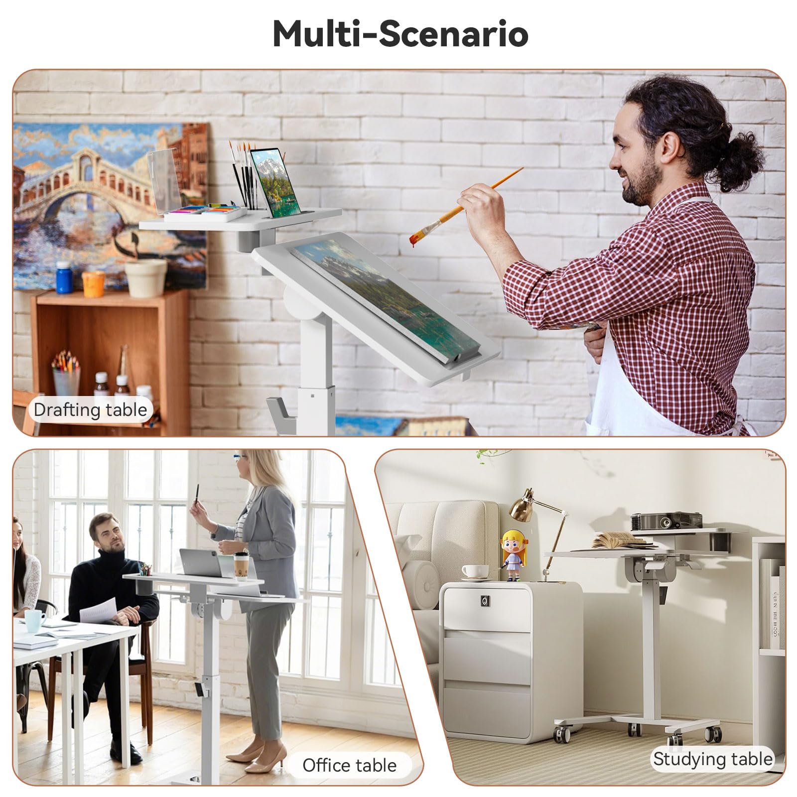 24Inch Rolling Standing Desk On Wheels， Mobile Laptop Stand with Tiltable Desktop， Smaller Computer Workstation Adjustable Height， 2-Tier Portable Study Table with Storage Shelves， White