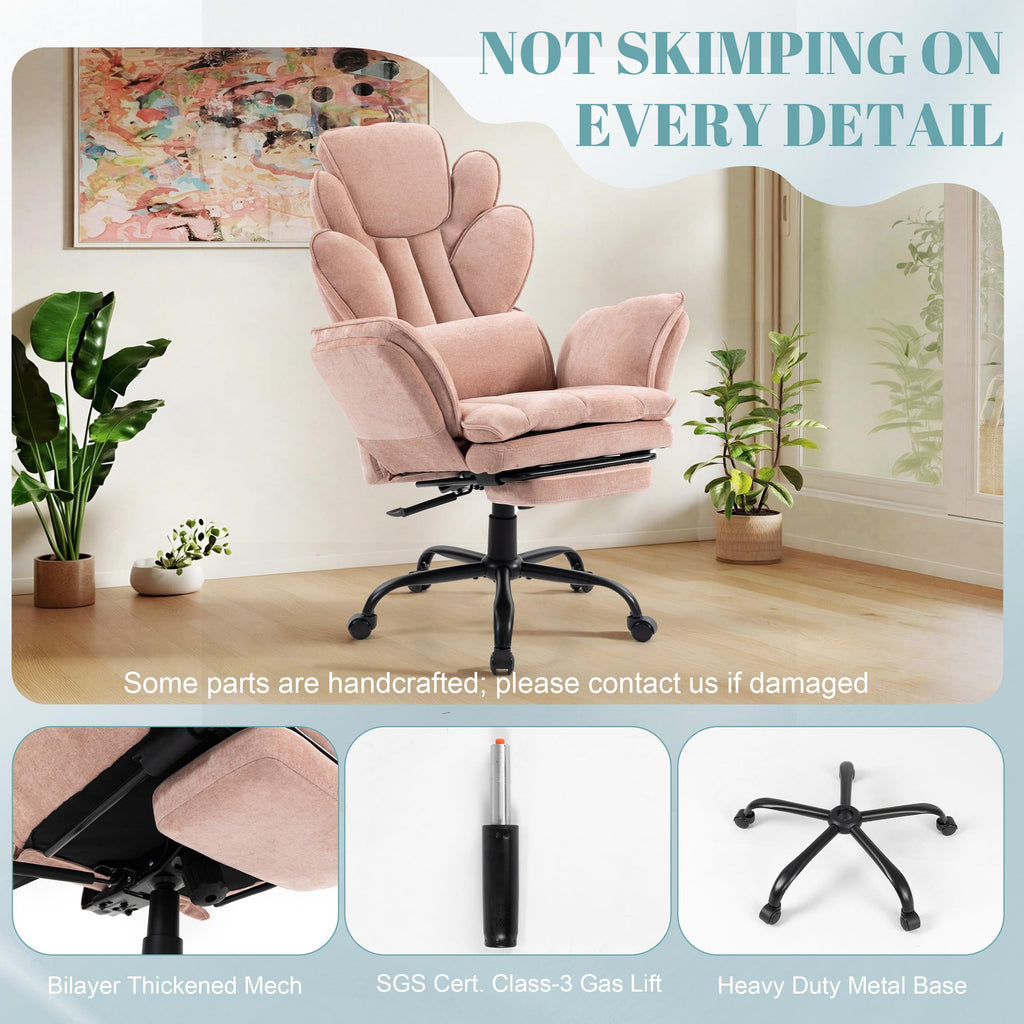 Flip Armrests Criss Cross Office Chair, Reclining Office Chair with Foot Rest, Adjustable Headrest, Massage Waist Pillow, Cross Legged Big and Tall Desk Chair Wide Seat Vanity Chair, Fabric Pink