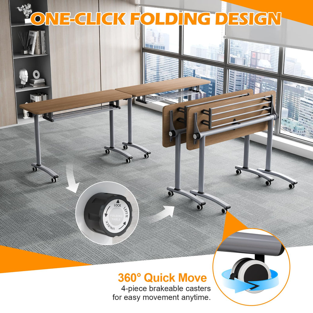 Conference Room Tables White,Folding Rectangular Flip Top Conference Table with Wheels for Large Meeting Seminar Home Office Classr (8, Little Oak, 47.2 * 15.7in)