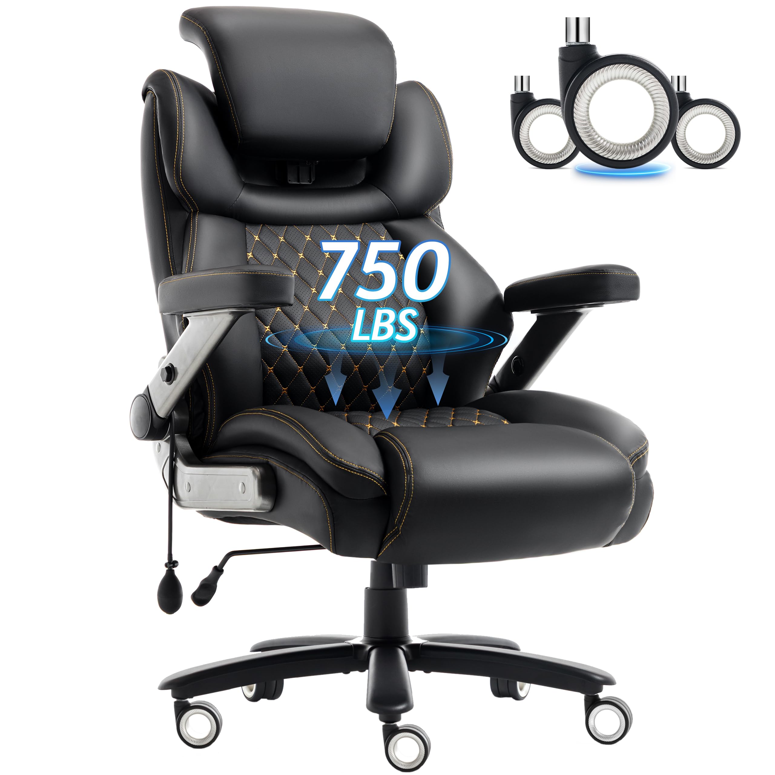 Big and Tall Office Chair 750lbs, Executive Office Chair with Adjustable Headrest&Lumbar Airbag Support, PU Leather High Back Heavy Duty Desk Chair 5D Flip Arms, Ergonomic Thick Spring Cushion, Black