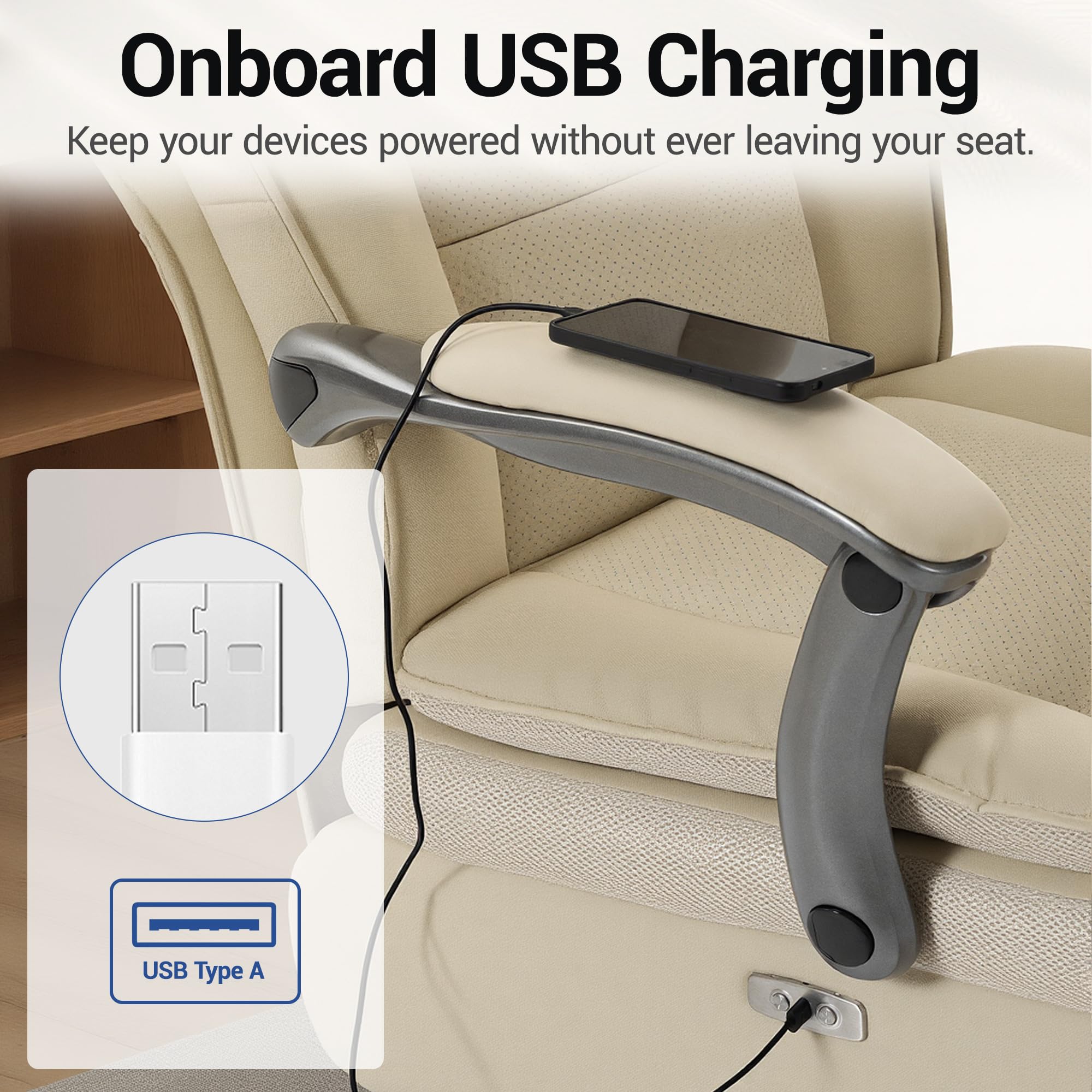 Electric Office Chair with USB Charging, 420lbs PU Leather Power Recliner with Footrest, Ergonomic High Back Executive Chair for Home Office & Gaming, Beige