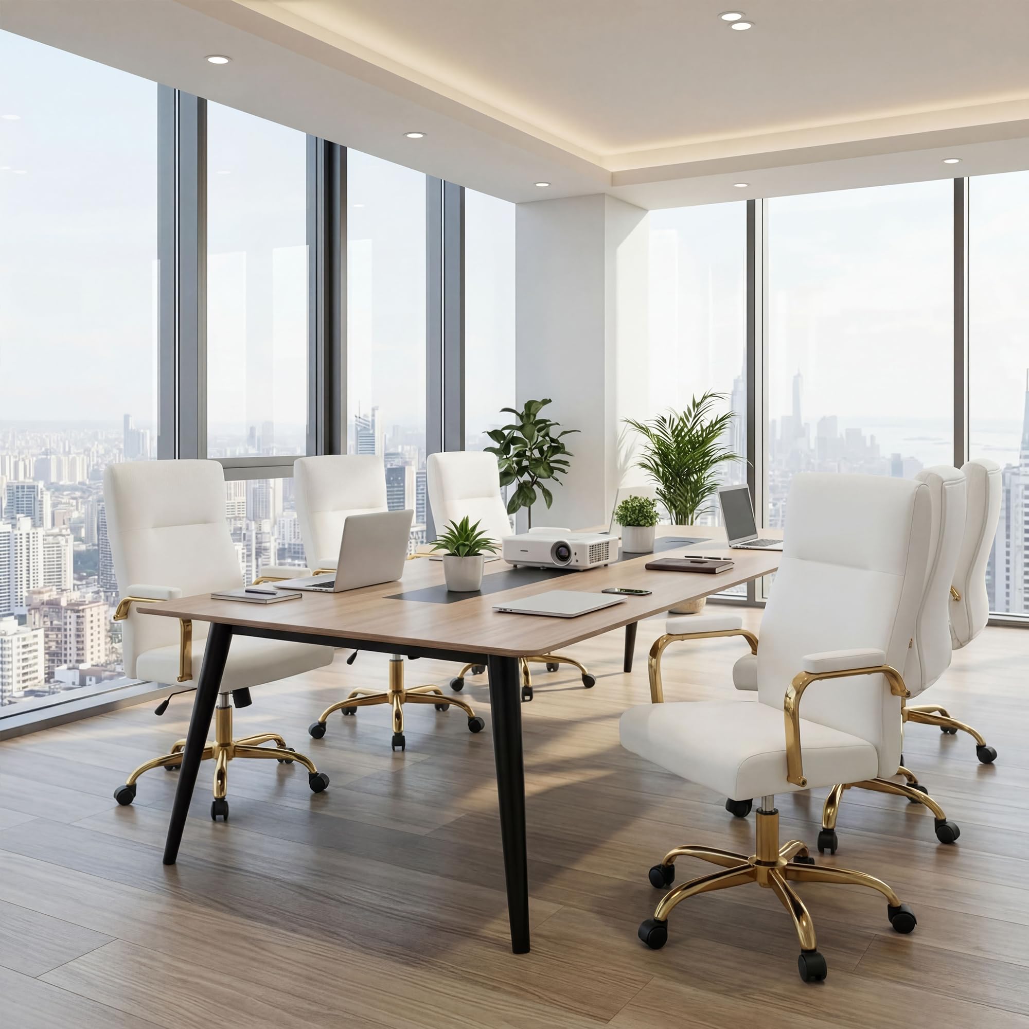 White and Gold Office Desk Chair,Leather Conference Room Chairs with Wheels,Modern High Back Executive Office Chair with Memory Foam,Ergonomic Swivel Computer Chair for Home Office