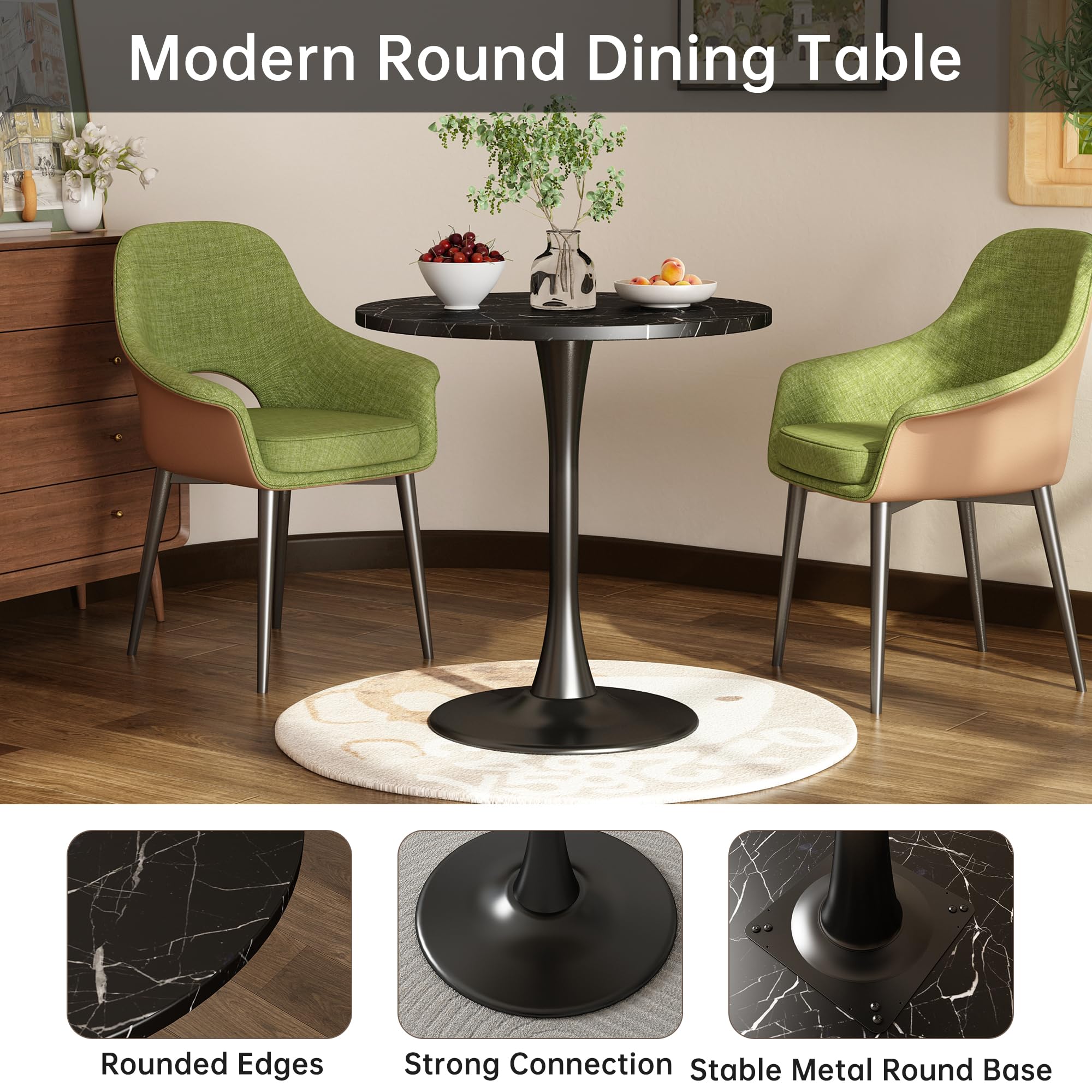 Kasinali Black Marble Round Dining Table 24" Circle Tulip Table with Thickened Tabletop & Sturdy Metal Pedestal Mid Century Modern Leisure Bistro Kitchen Tables 2 People Small Places Living Room Cafe