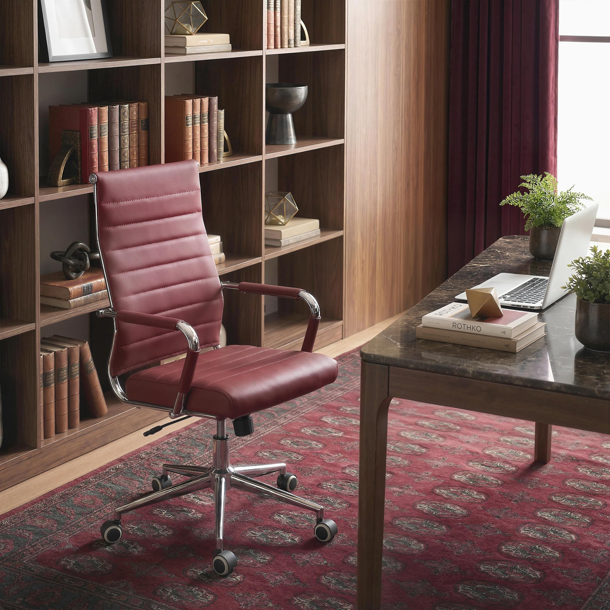 Red Office Desk Chair, Ergonomic Leather Modern Conference Room Chairs, Executive Ribbed Height Adjustable Swivel Rolling Chair for Home Office. (Red)