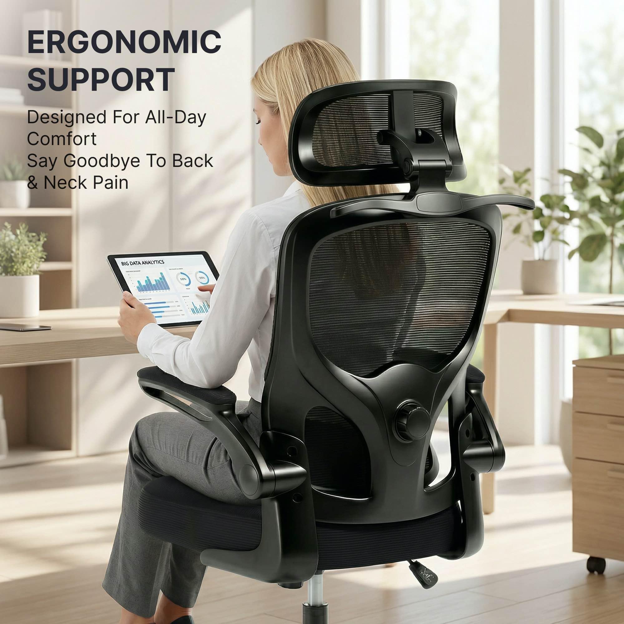 Ergonomic Mesh Office Chair,330LB Capacity High Back Desk Chair with Adjustable Lumbar Support, Adjustable Headrest & Flip-Up Arms,Breathable Computer Chair for Home Office,Work & Study,3pcs