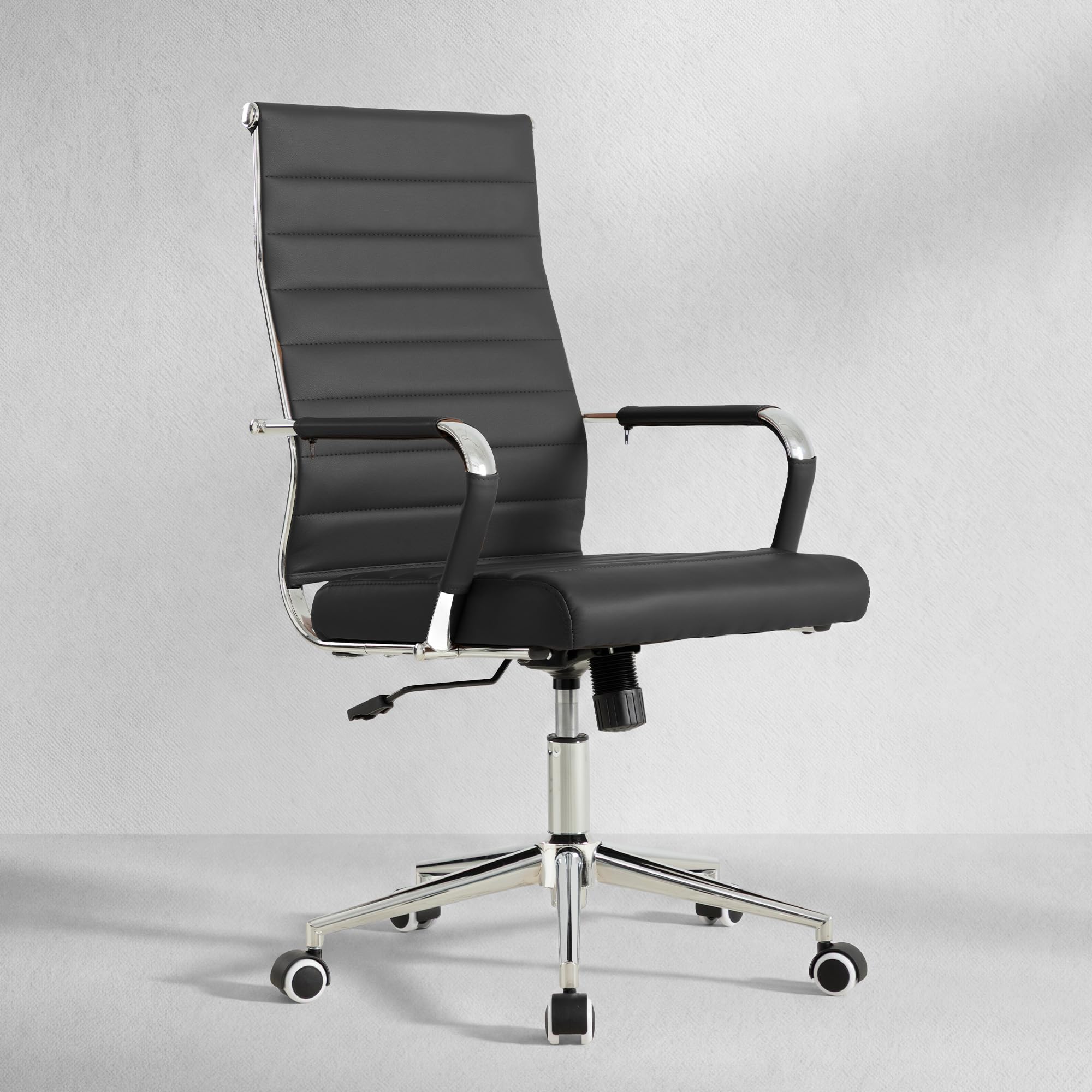 Office Desk Chair, Ergonomic Leather Modern Conference Room Chairs, Executive Ribbed Height Adjustable Swivel Rolling Chair for Home Office. (Black)