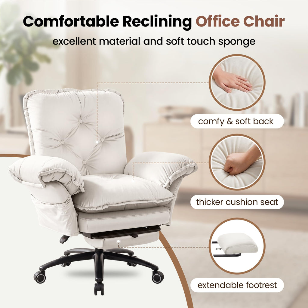 Criss Cross Chair with Adjustable Arms and Foot Rest, Wide Seat Reclining Office Chair with Wheels, Makeup Vanity Chair with Side Pockets, Comfy Velvet Cross Legged Desk Chair, Beige
