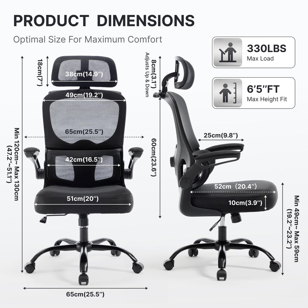 Ergonomic Mesh Office Chair,330LB Capacity High Back Desk Chair with Adjustable Lumbar Support, Adjustable Headrest & Flip-Up Arms,Breathable Computer Chair for Home Office,Work & Study,3pcs
