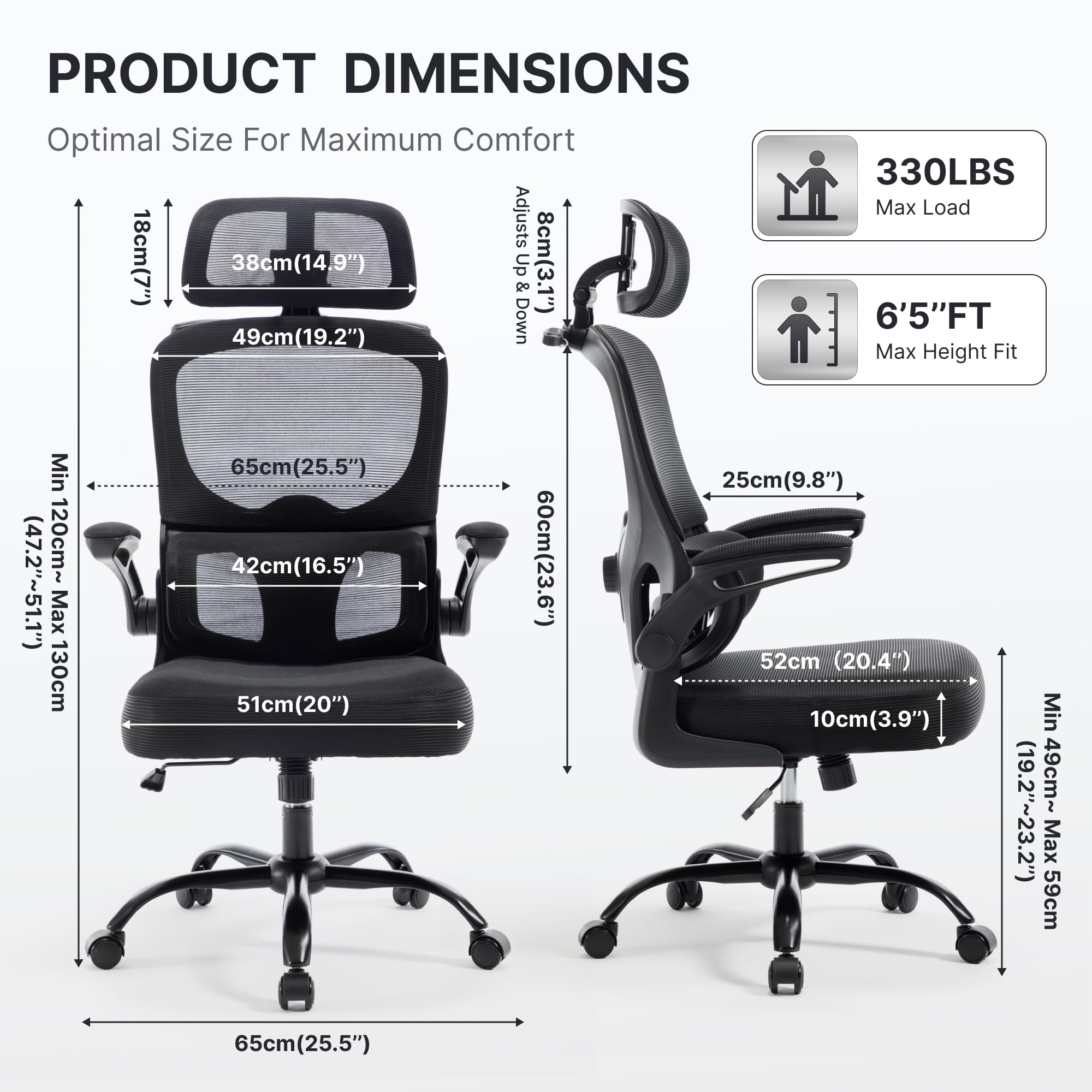 Ergonomic Mesh Office Chair,330LB Capacity High Back Desk Chair with Adjustable Lumbar Support, Adjustable Headrest & Flip-Up Arms,Breathable Computer Chair for Home Office,Work & Study,3pcs