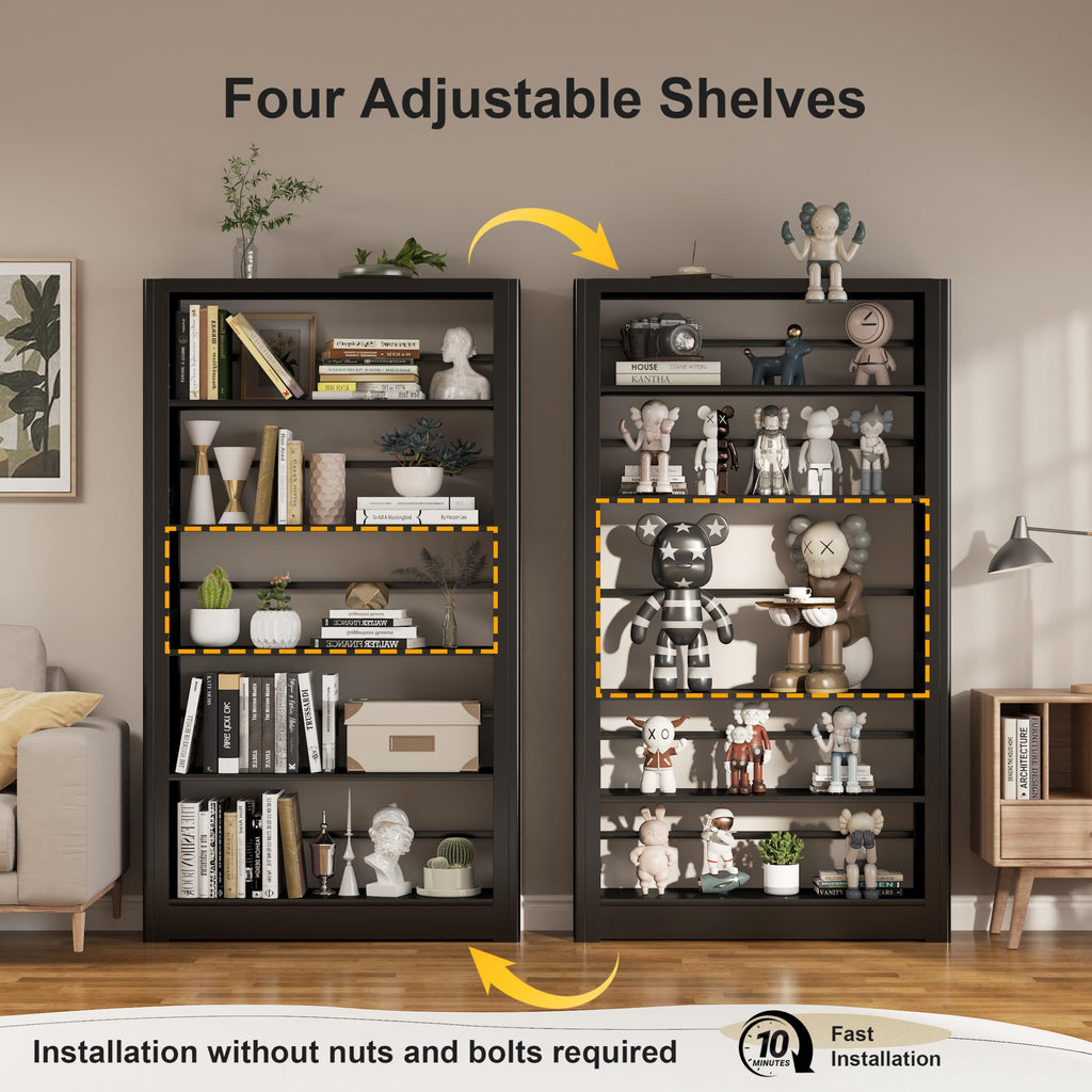 69" Tall Bookshelf, 5 Tier Black Bookcase with Adjustable Shelves, Freestanding Large Open Book Shelf Etagere Bookcase for Bedroom, Library, Living Room, Office