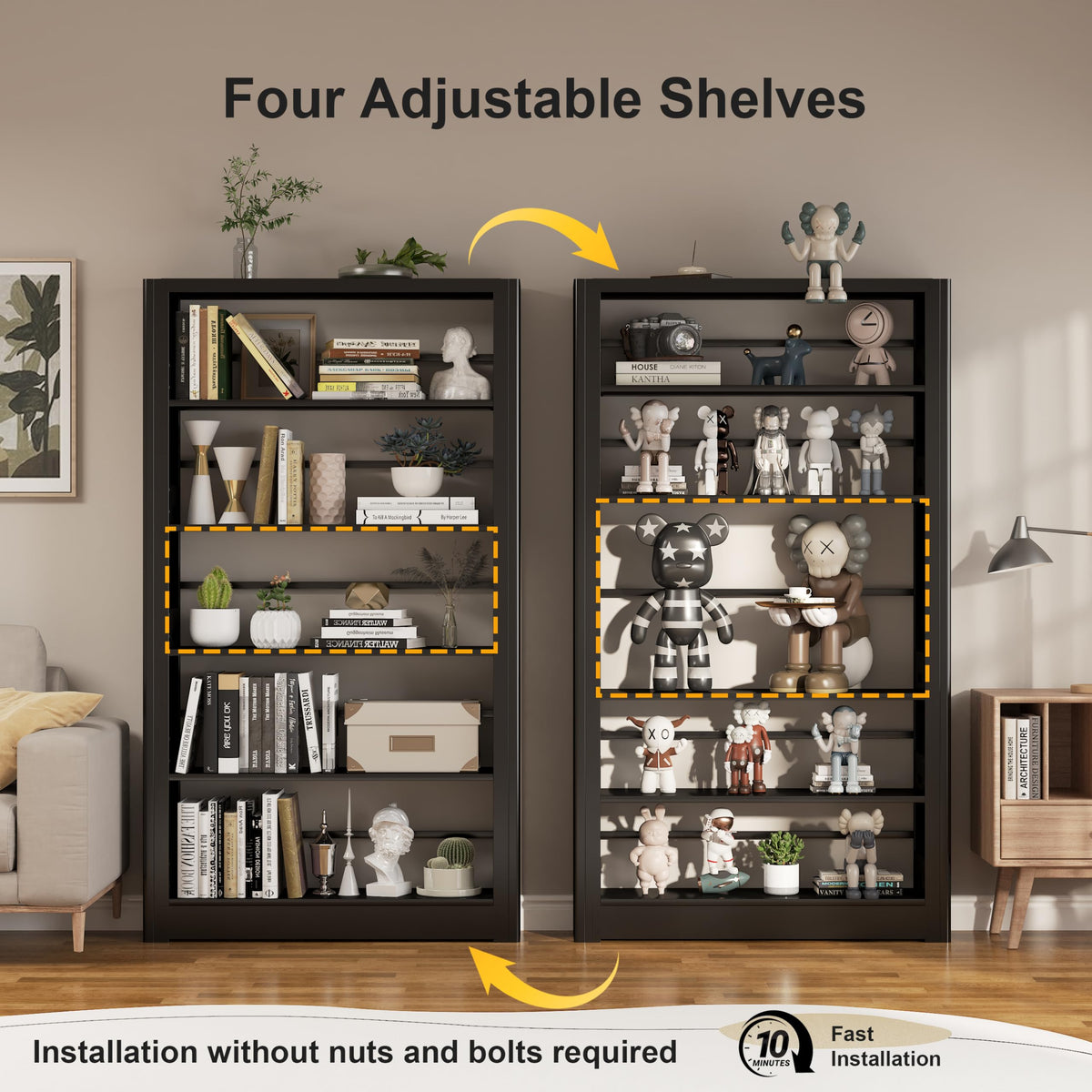 69" Tall Bookshelf, 5 Tier Black Bookcase with Adjustable Shelves, Freestanding Large Open Book Shelf Etagere Bookcase for Bedroom, Library, Living Room, Office