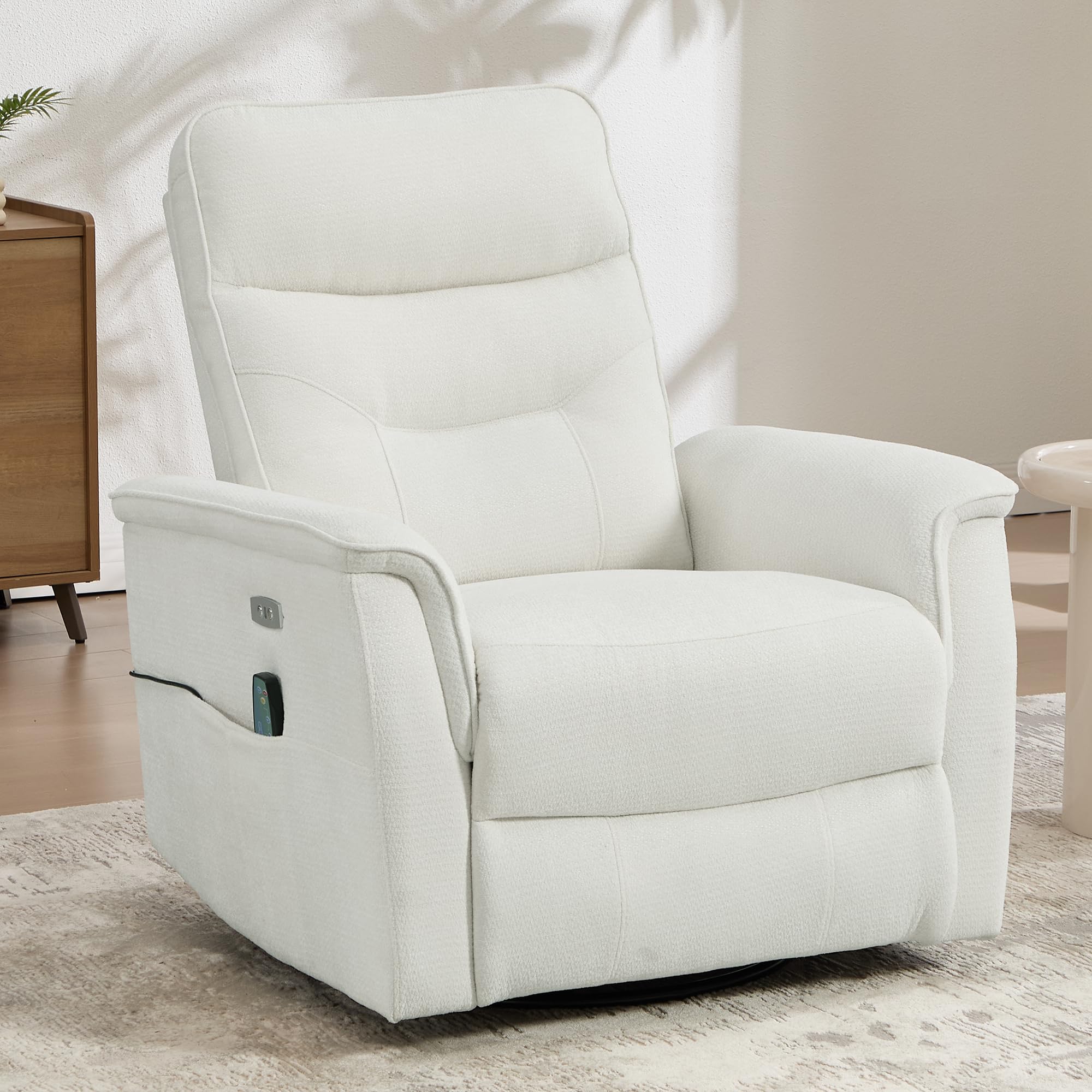 Recliner Chair for Adults, Power Chenille Nursery Rocker Recliner Massage and Heat, Oversized Swivel Reclining Chair with USB Ports for Living Room, Office White