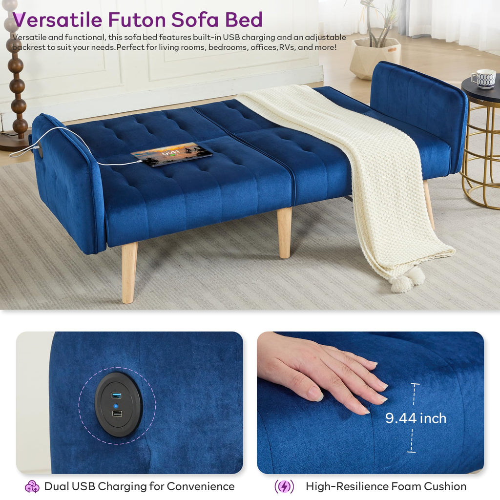 62.99" W Velvet Modern Convertible Folding Futon Couch Sofa Bed w/ 2 USB Charging Ports for Compact Living Space, Small Couches for Office, Dorm, RV Room, Apartment, Bedroom (Navy Blue)