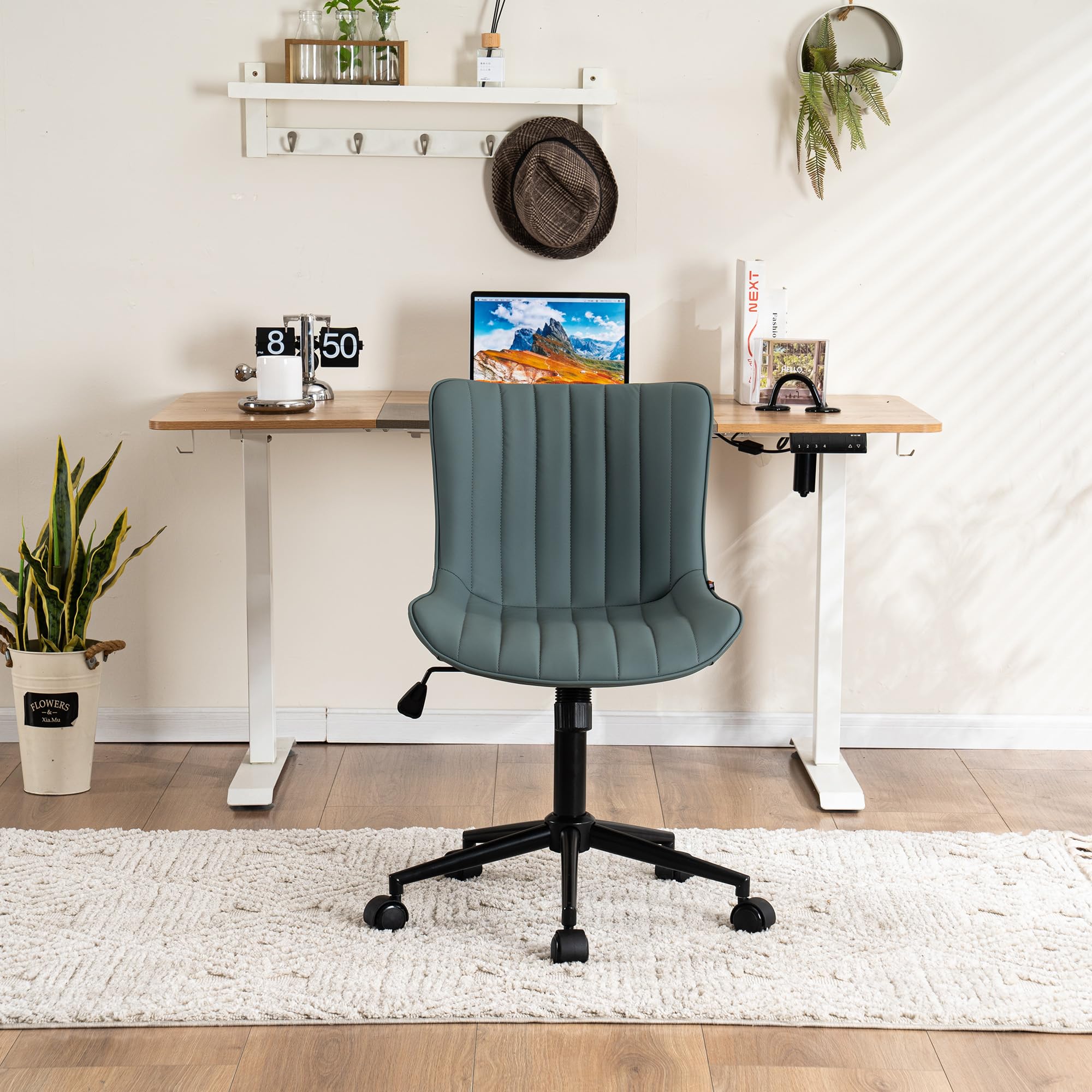 Ergonomic Armless Office Chair Faux Leather Small Cute Desk Chair with 12° Rocking Back Adjustable Height Swivel Vanity Chair Compact Computer Rolling Task Chair for Small Spaces Greyish Green