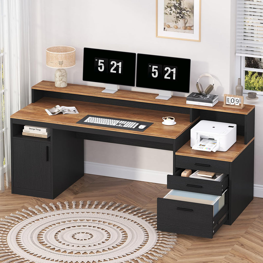 Computer Desk with 3 Drawers & Storage Shelves, 65 Inch Home Office Desk with File Drawer & Cabinet, Writing Study Desks with Monitor Stand & Printer Shelf, Executive Desk, Brown and Black