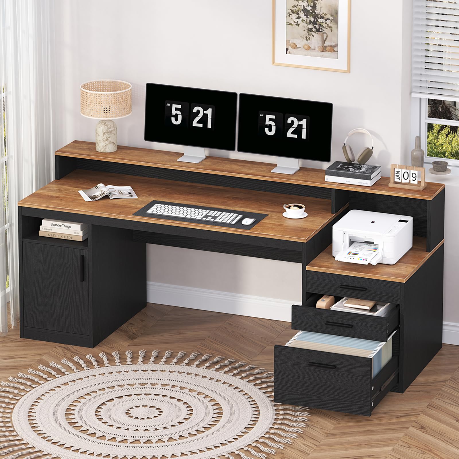 Computer Desk with 3 Drawers & Storage Shelves, 65 Inch Home Office Desk with File Drawer & Cabinet, Writing Study Desks with Monitor Stand & Printer Shelf, Executive Desk, Brown and Black