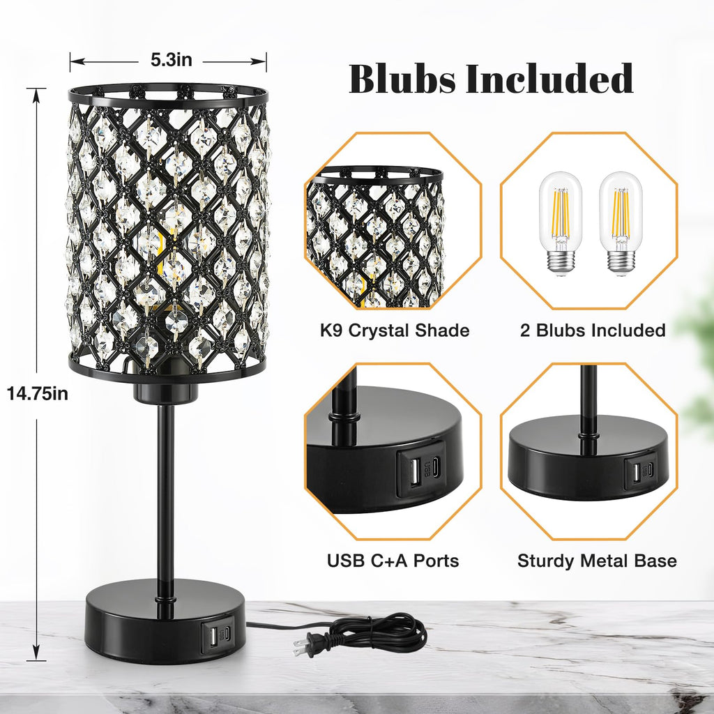 Black Crystal Bedside Table Lamps Set of 2 with USB C+A Ports